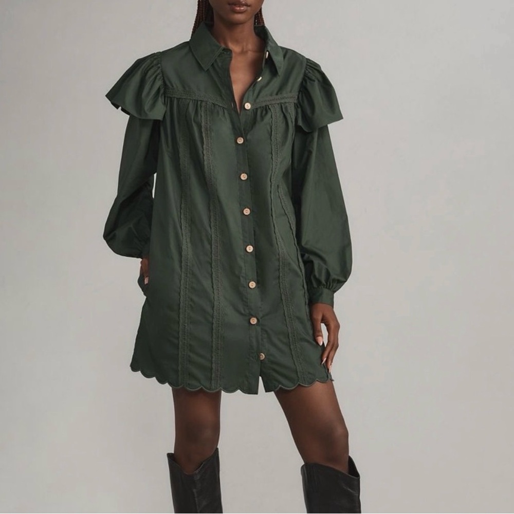FARM Rio Dark Green Button-Front Puff-Sleeve Shirt Dress